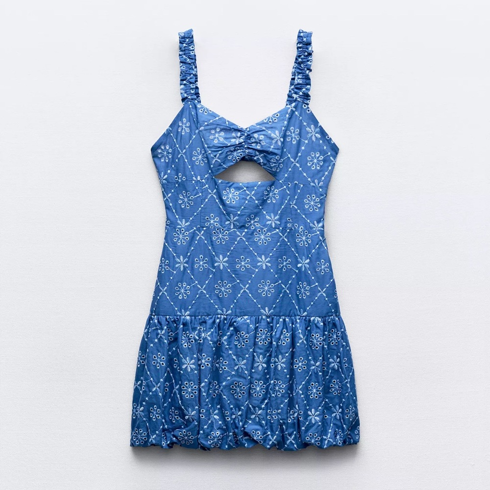 zara eyelet bubble hem mini dress